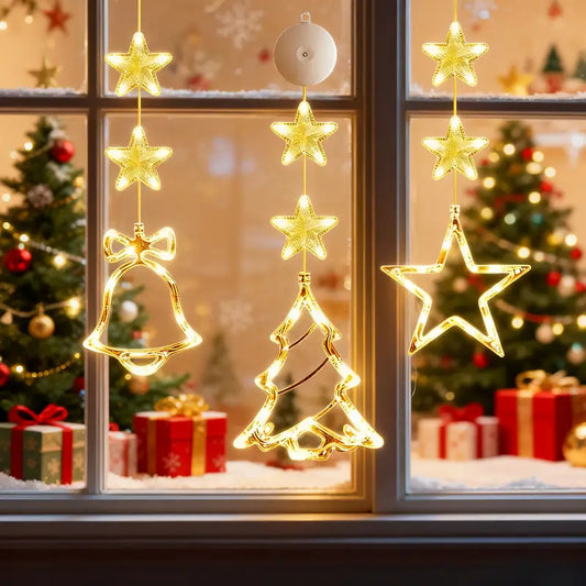 LED Коледна Завеса с Камбанки, Елхи и Звезди